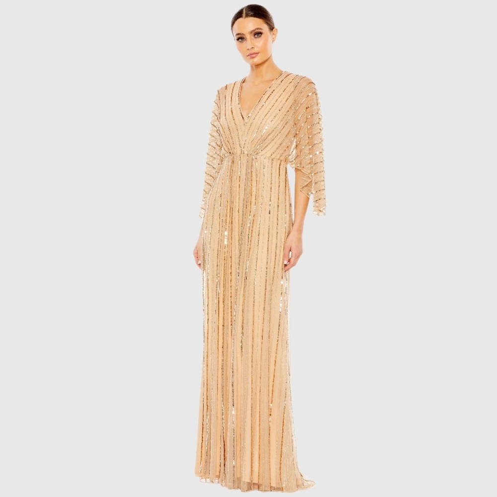 Mac Duggal Beaded Striping Kimono Sleeve V Neck Gown in Taupe